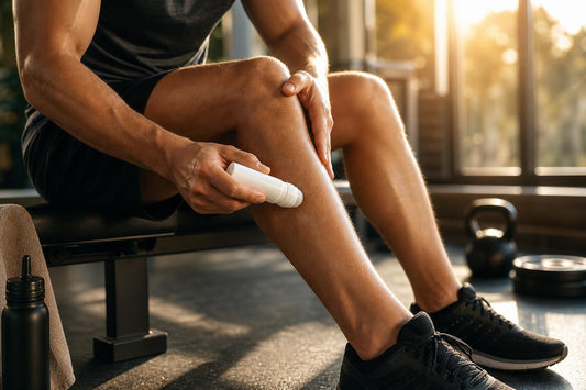 Athlete applying Arnicare Roll-On to their knee after a workout