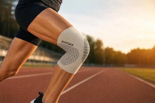 Runner wearing the Physix Gear knee compression sleeve mid-stride on a track at golden hour