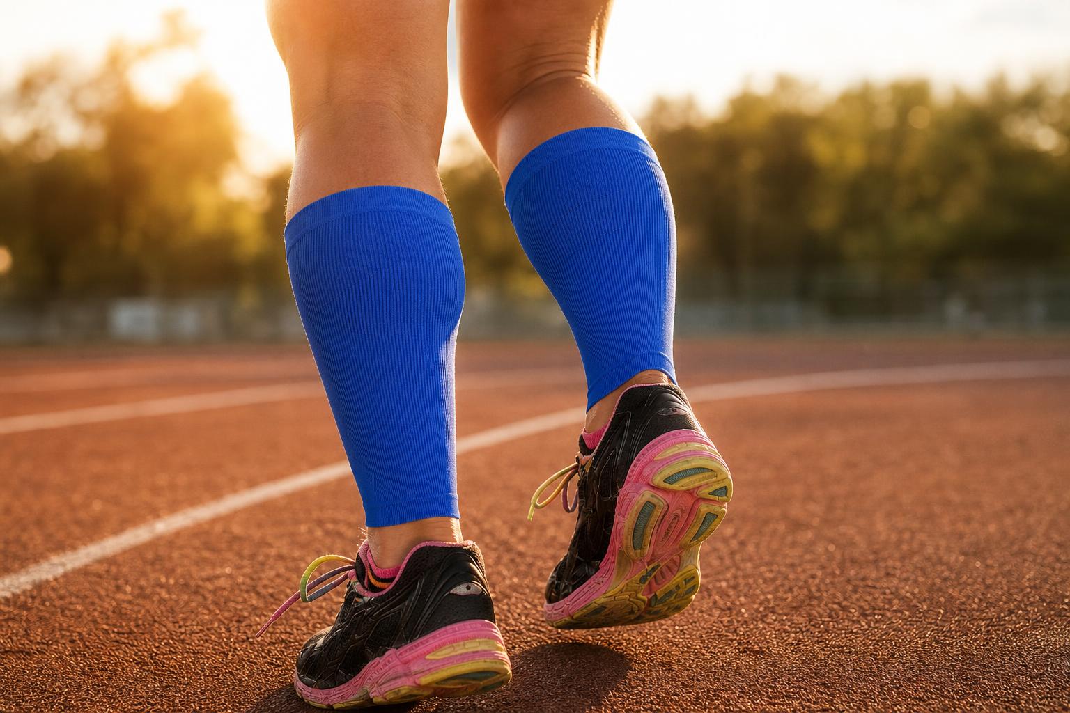 Runner wearing blue Physix Gear Calf Compression Sleeves on a track