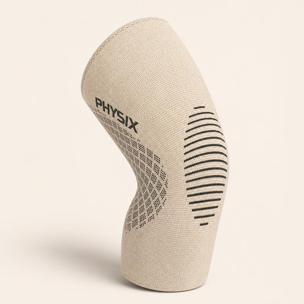 Physix Gear tan knit knee compression sleeve, studio product shot